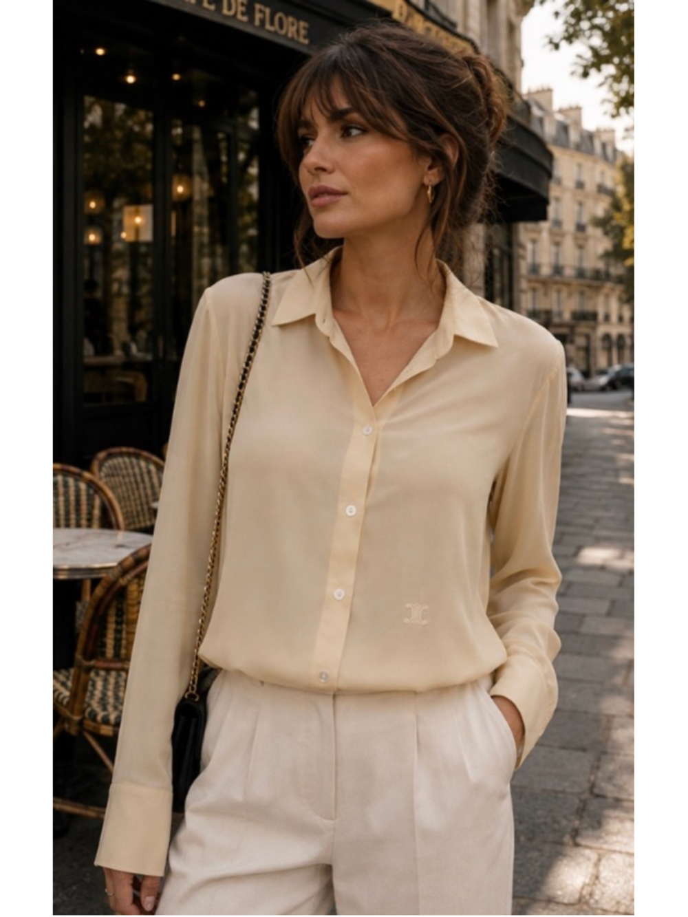 Women's Celine Button Down Shirt Size 42/8 Butter Yellow Silk Long Sleeve NWT!